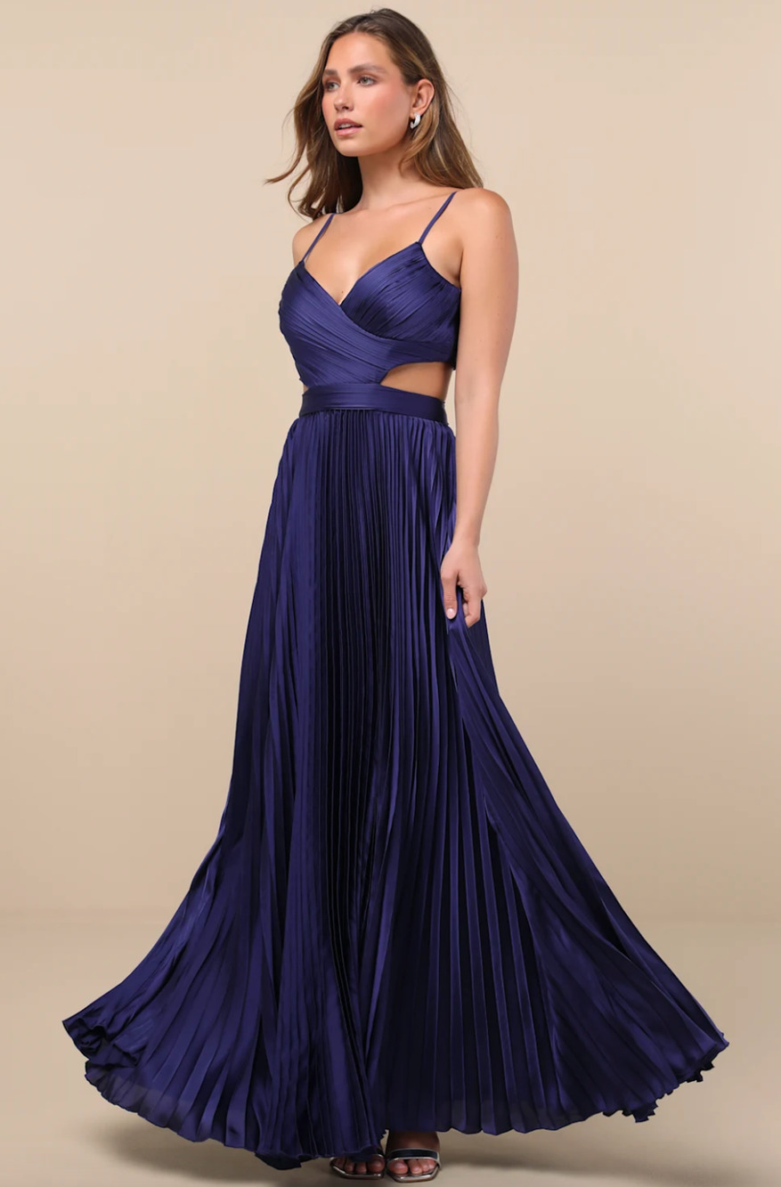 NEW Lulus Got the Glam Navy Blue Pleated Cutout Maxi Dress Formal Party Medium